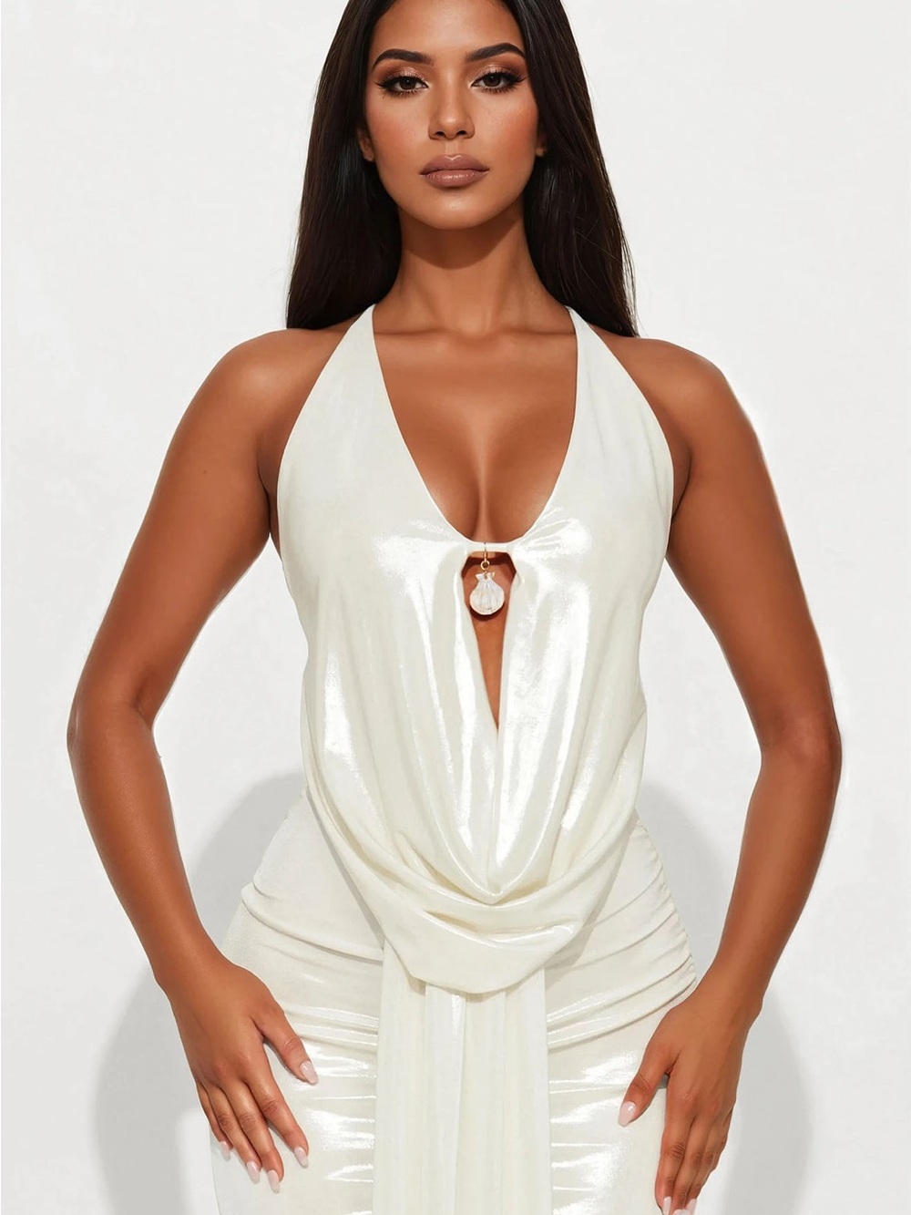 Fashion Nova Ivory Halter Drape Top with Seashell Accent